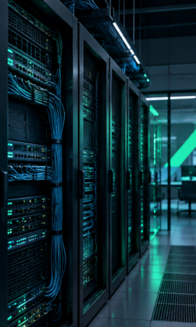 Enterprise server racks with structured cabling in a modern data room