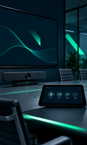 Modern meeting room with video conferencing bar and control display